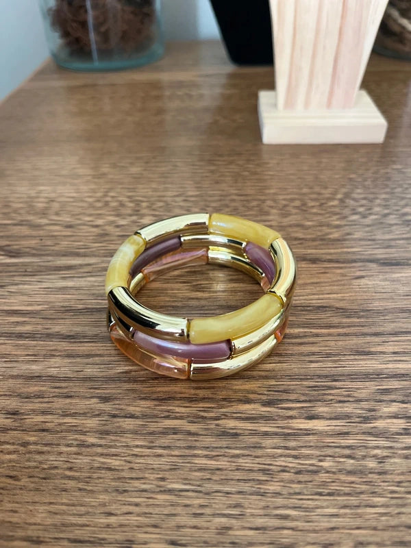 Trio Bracelets Élastiques Perles Tubes Incurvées À Superposer | Orange Violet Jaune Doré | 18 cm