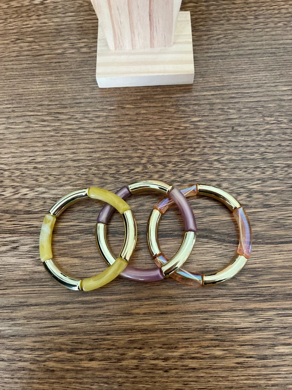 Trio Bracelets Élastiques Perles Tubes Incurvées À Superposer | Orange Violet Jaune Doré | 18 cm
