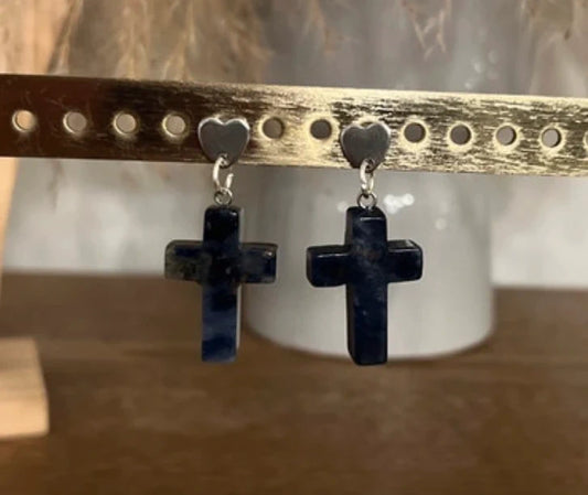 Clous d'Oreilles Cœur Argenté Lapis Lazuli Croix | Pierre Naturelle Apaisante | Acier Inoxydable
