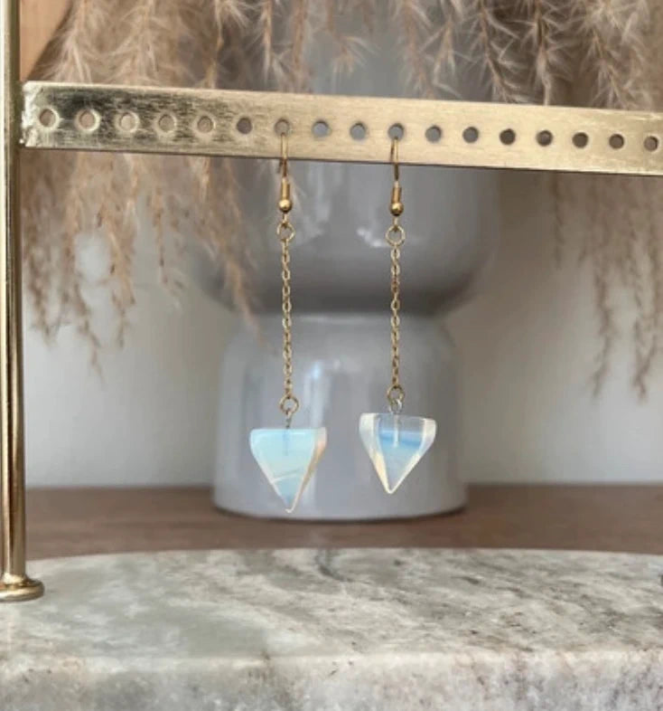 Boucles d'Oreilles Pendantes Opaline Dorées | Pierre Naturelle Sagesse | Acier Inoxydable