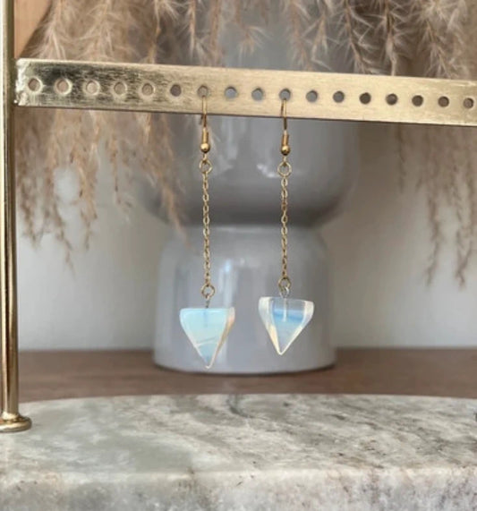 Boucles d'Oreilles Pendantes Opaline Dorées | Pierre Naturelle Sagesse | Acier Inoxydable