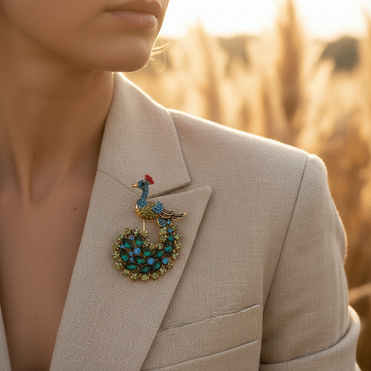 Broche paon en strass vert et bleu sur revers de blazer beige, tête rouge
