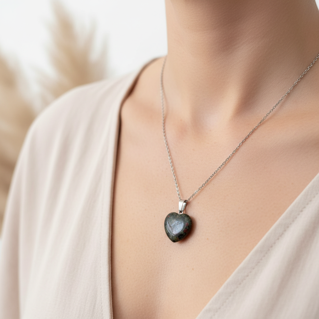 Collier Jaspe Sang de Dragon (Bloodstone) sur chaîne argentée acier inoxydable hypoallergénique, 44 cm. Bijou artisanal fait main France. Livraison gratuite