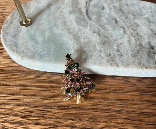 Broche Sapin de Noël Doré Rouge & Vert | Bijou Fantaisie Fêtes | 4,5 cm