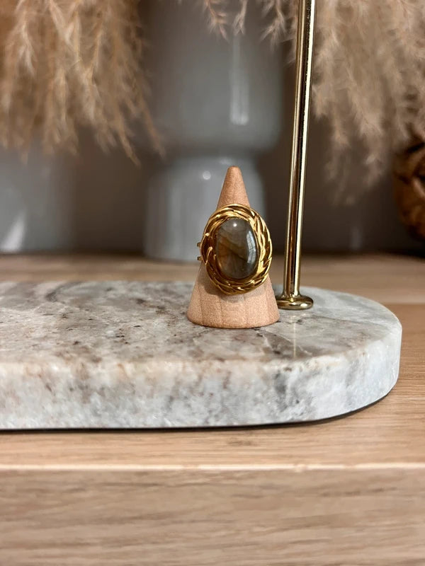 Bague Labradorite Bleue | Monture dorée vintage ajustable – Pierre protectrice AAA