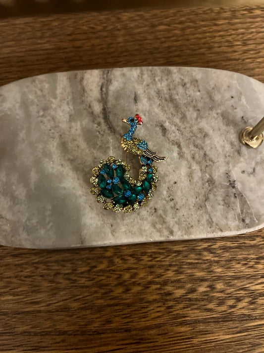 Broche Paon Travaillé Vert & Bleu | Bijou Fantaisie Nature Chic | 5 x 4 cm