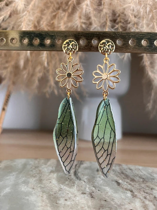 Boucles d'oreilles aile de fée - fairy fairycore - couleur doré et vert