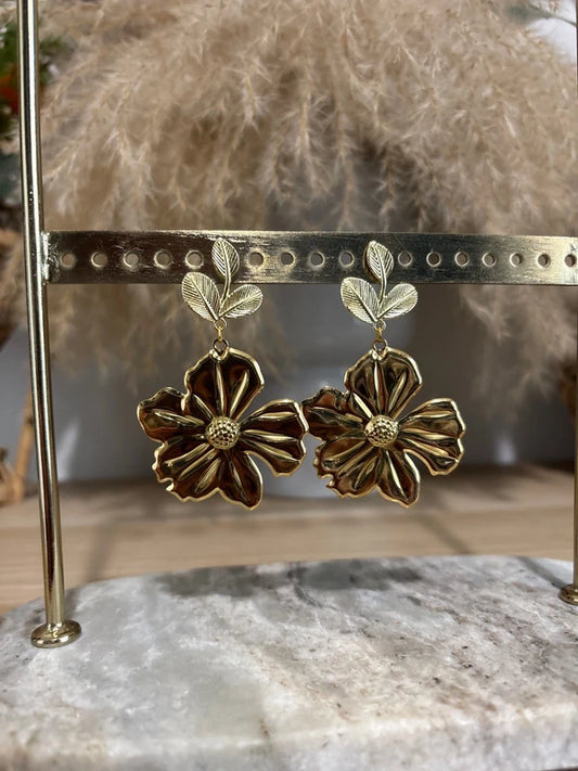 Boucles d'oreilles Feuille de Sauge & Fleur Dorée | Acier Inoxydable | Style Bohème