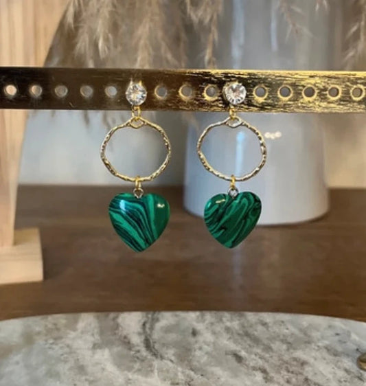 Boucles d'oreilles Malachite | Anneaux dorés bohèmes – Pierre naturelle