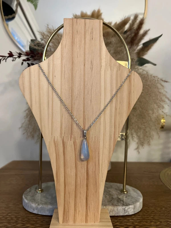 Collier Chaîne Maillons Argentés Opaline | Pierre Naturelle Sagesse | Acier Inoxydable 45 cm