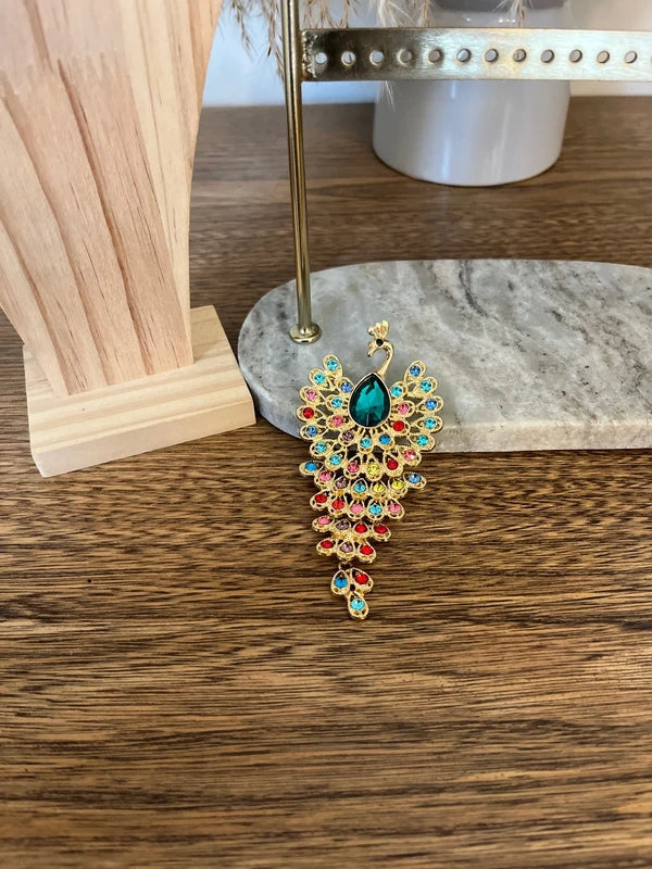 Grande Broche Paon Multicolore Travaillée | Bijou Fantaisie Exotique Chic | 10,6 cm