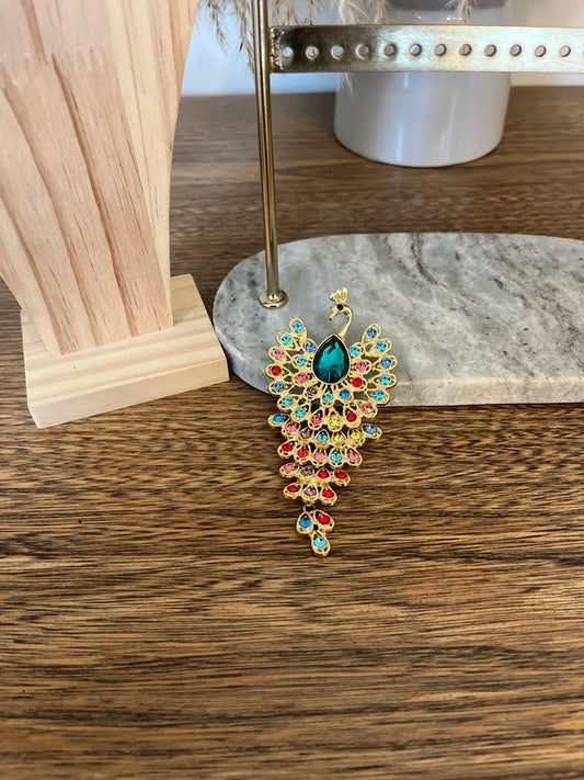 Grande Broche Paon Multicolore Travaillée | Bijou Fantaisie Exotique Chic | 10,6 cm
