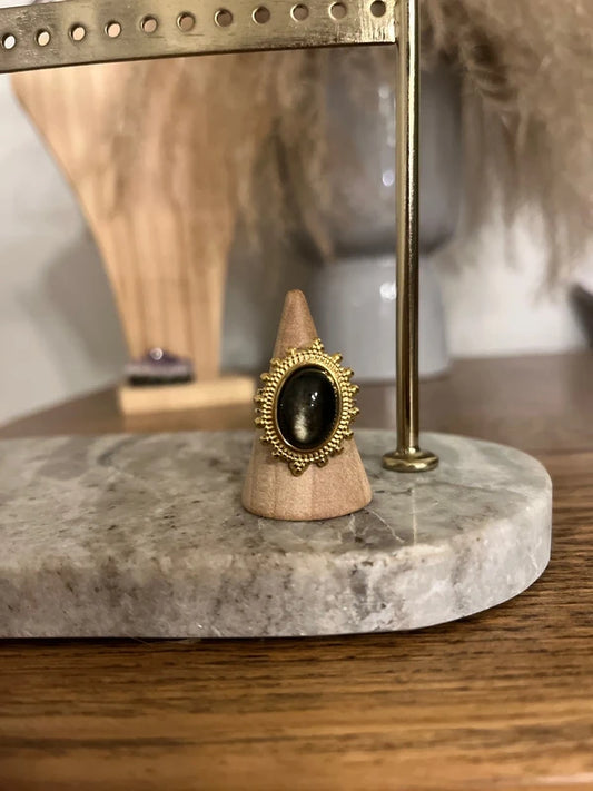 Bague Obsidienne Dorée | Grande monture dorée vintage ajustable – Pierre protectrice