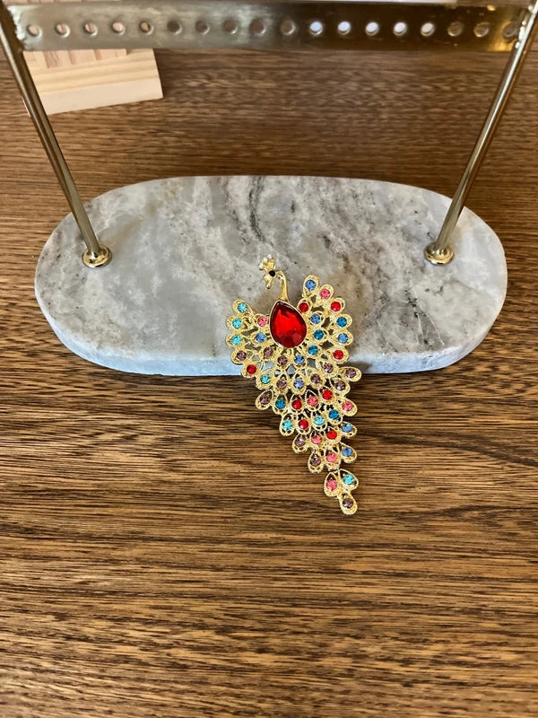 Broche Paon Doré & Multicolore Travaillée | Grande Broche Fantaisie Bohème | 10,6 cm