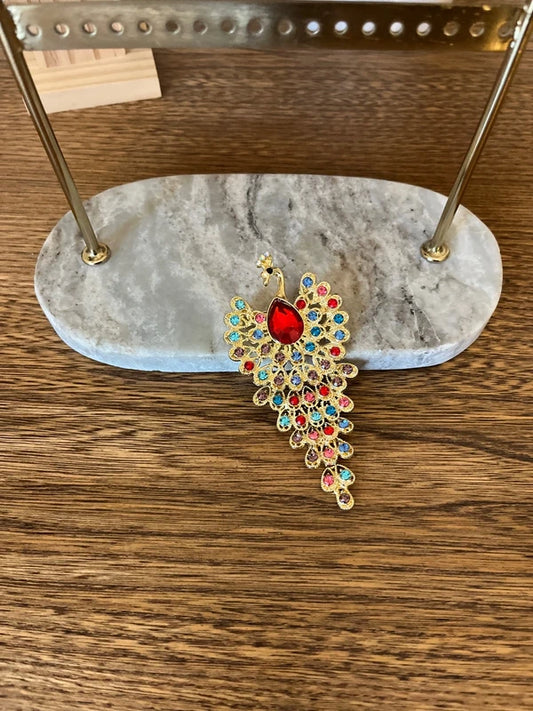 Broche Paon Doré & Multicolore Travaillée | Grande Broche Fantaisie Bohème | 10,6 cm