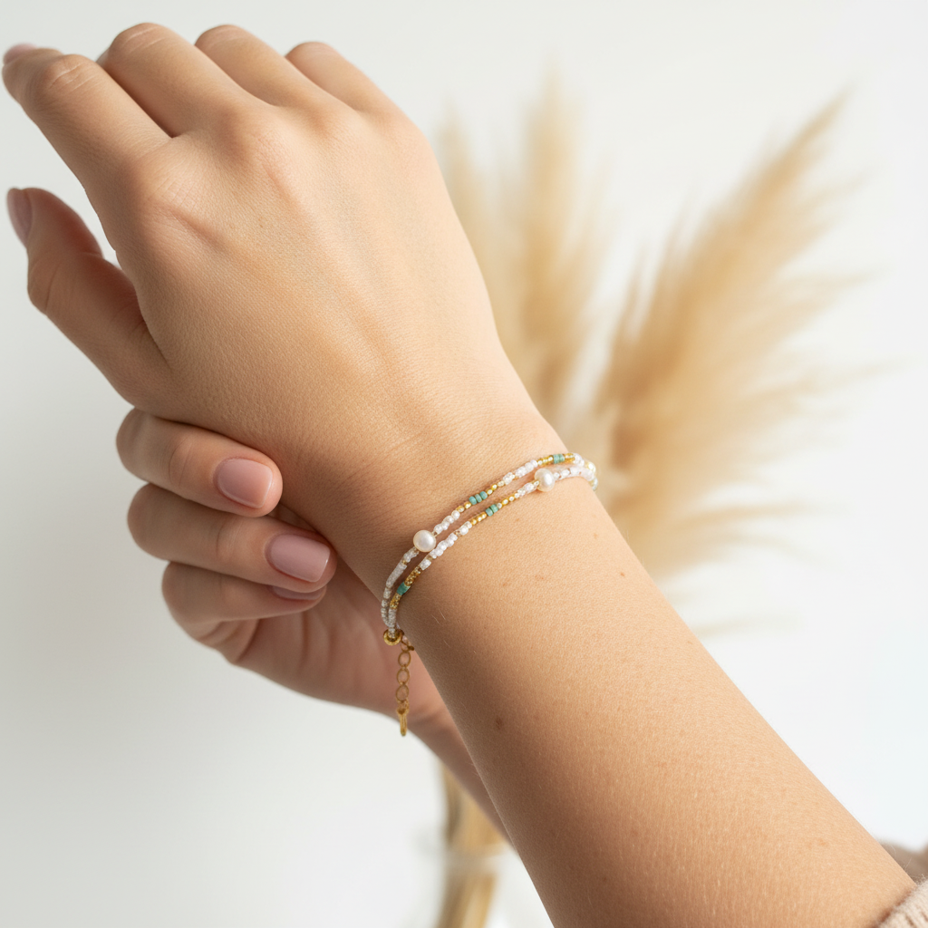 Bracelet double ou collier enfant 32cm perles Miyuki, Toho et nacre naturelle. Apprêts dorés inoxydables. Bijou artisanal fait main France. Livraison gratuite.