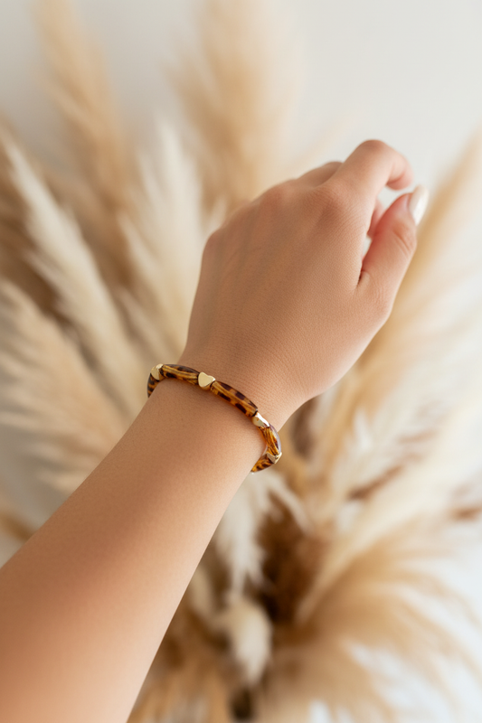 Bracelet Élastique Imprimé Léopard Cœurs Dorés | Fin & Tendance | Animal Print Chic | 14-16,5 cm | Fait Main France livraison gratuite