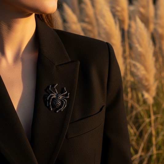Broche araignée noire à strass sur revers de veste noire