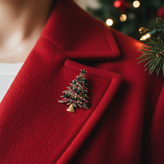 Broche sapin de Noël en strass vert et rouge, monture dorée sur manteau rouge