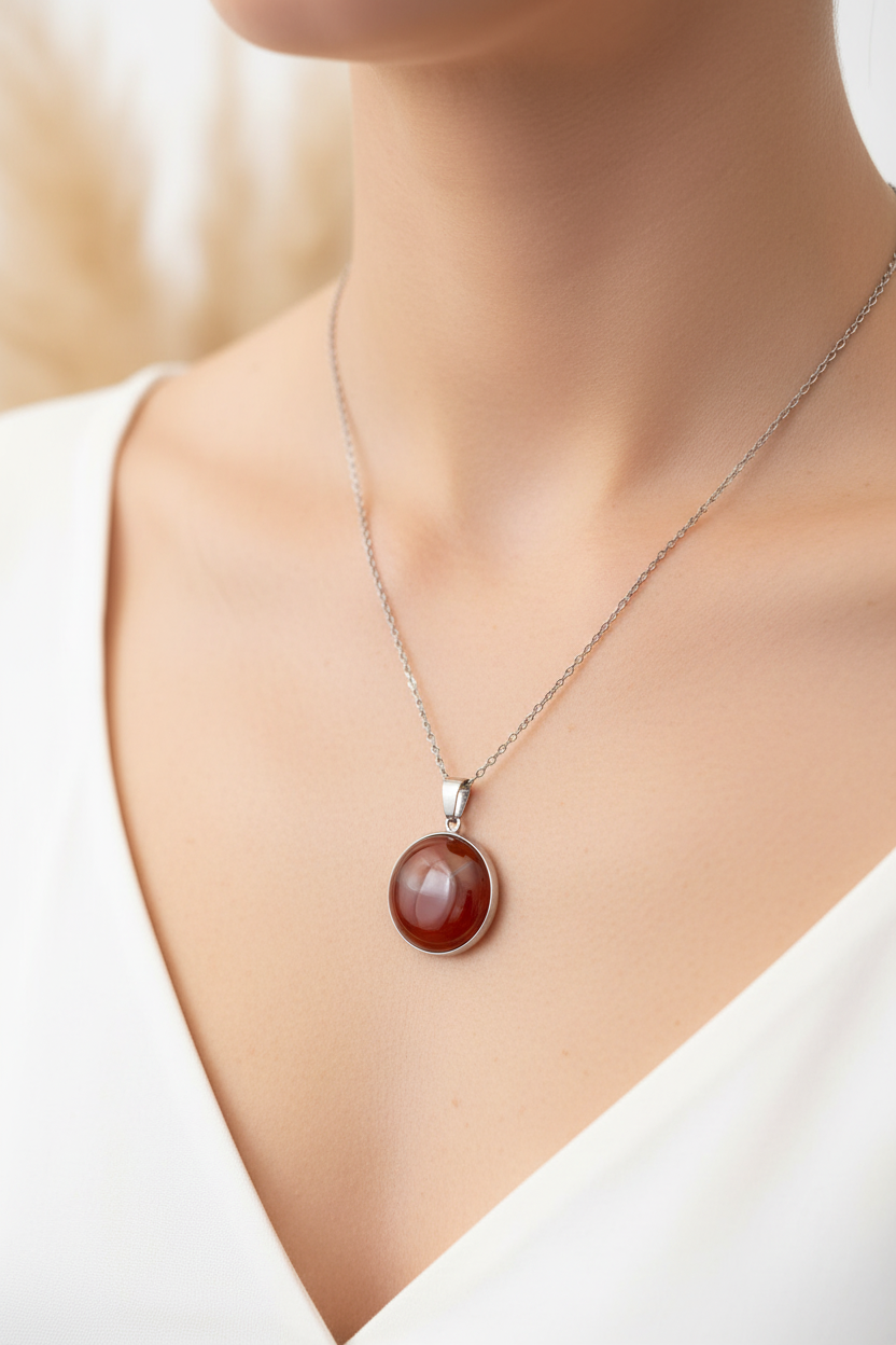 Collier ras du cou : cabochon rond agate rouge dans monture argentée, chaîne fine