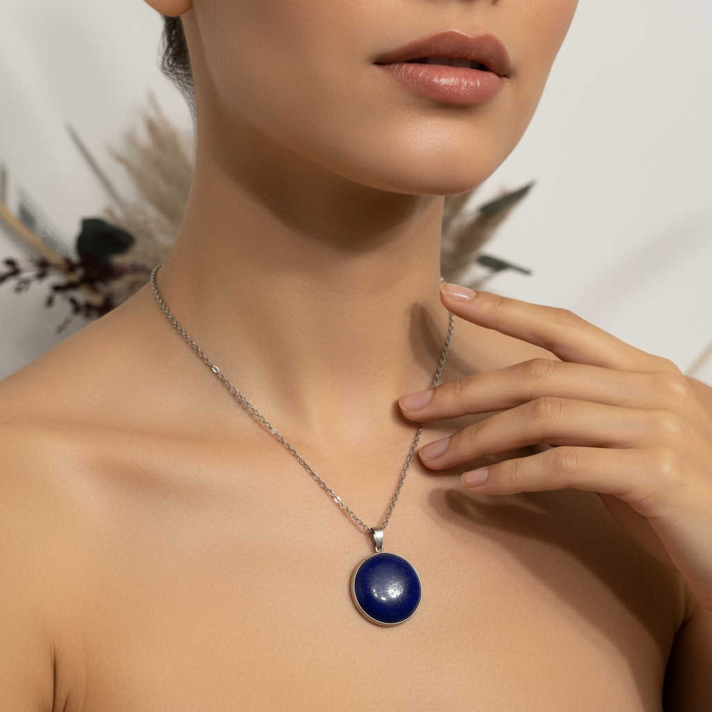 Collier chaîne argentée et pendentif ovale lapis lazuli porté au cou