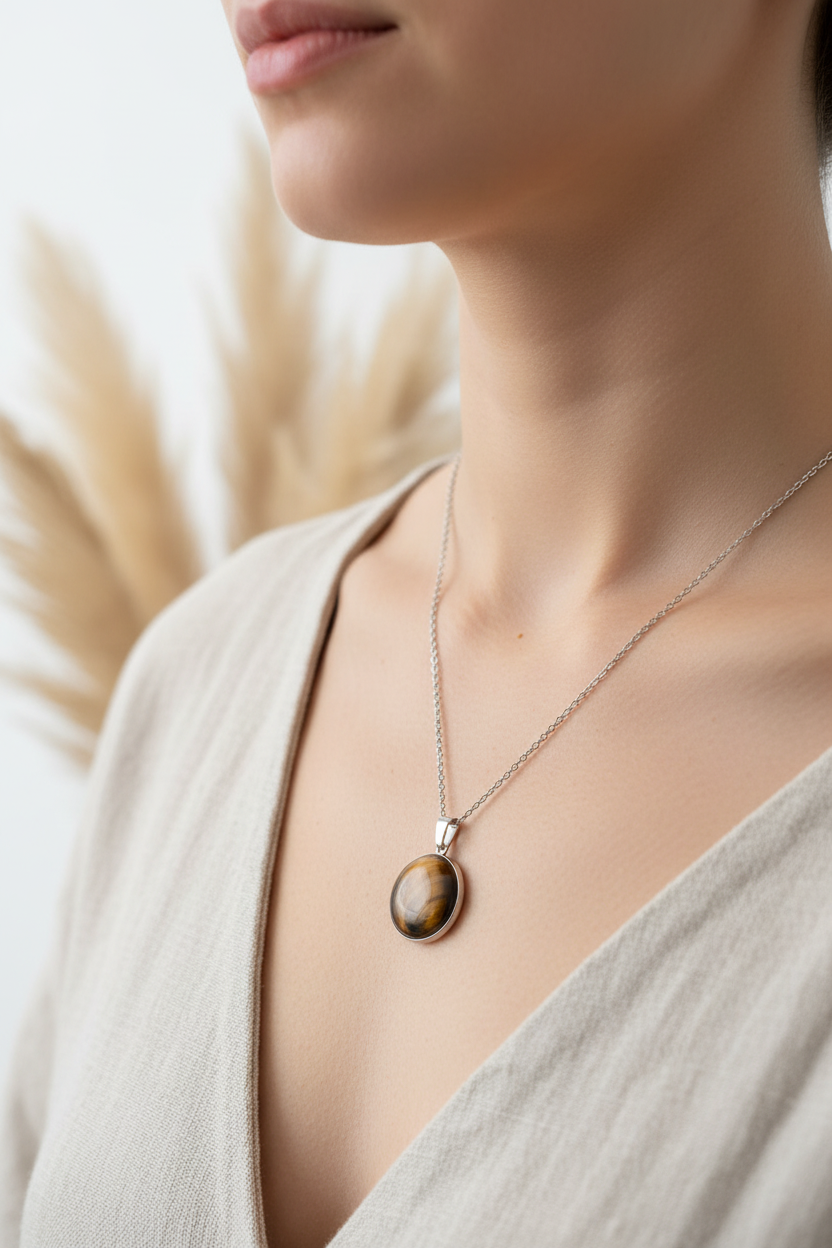 Collier pendentif œil de tigre naturel, cabochon rond, chaîne argentée, porté