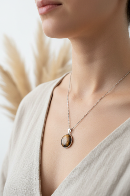 Collier œil de tigre naturel cabochon monture argentée, chaîne inox 44 cm. Courage & protection. Fait main France. Livraison gratuite. PAPD