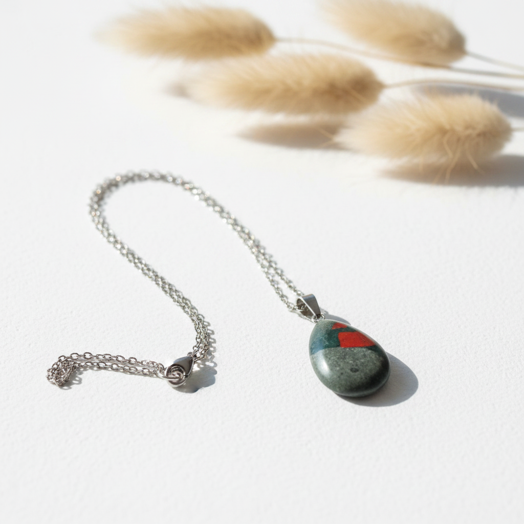 Collier jaspe sanguin goutte naturel sur chaîne argentée inox. Protection, purification. Hypoallergénique. Livraison gratuite 🇫🇷 Bijou PAPD.