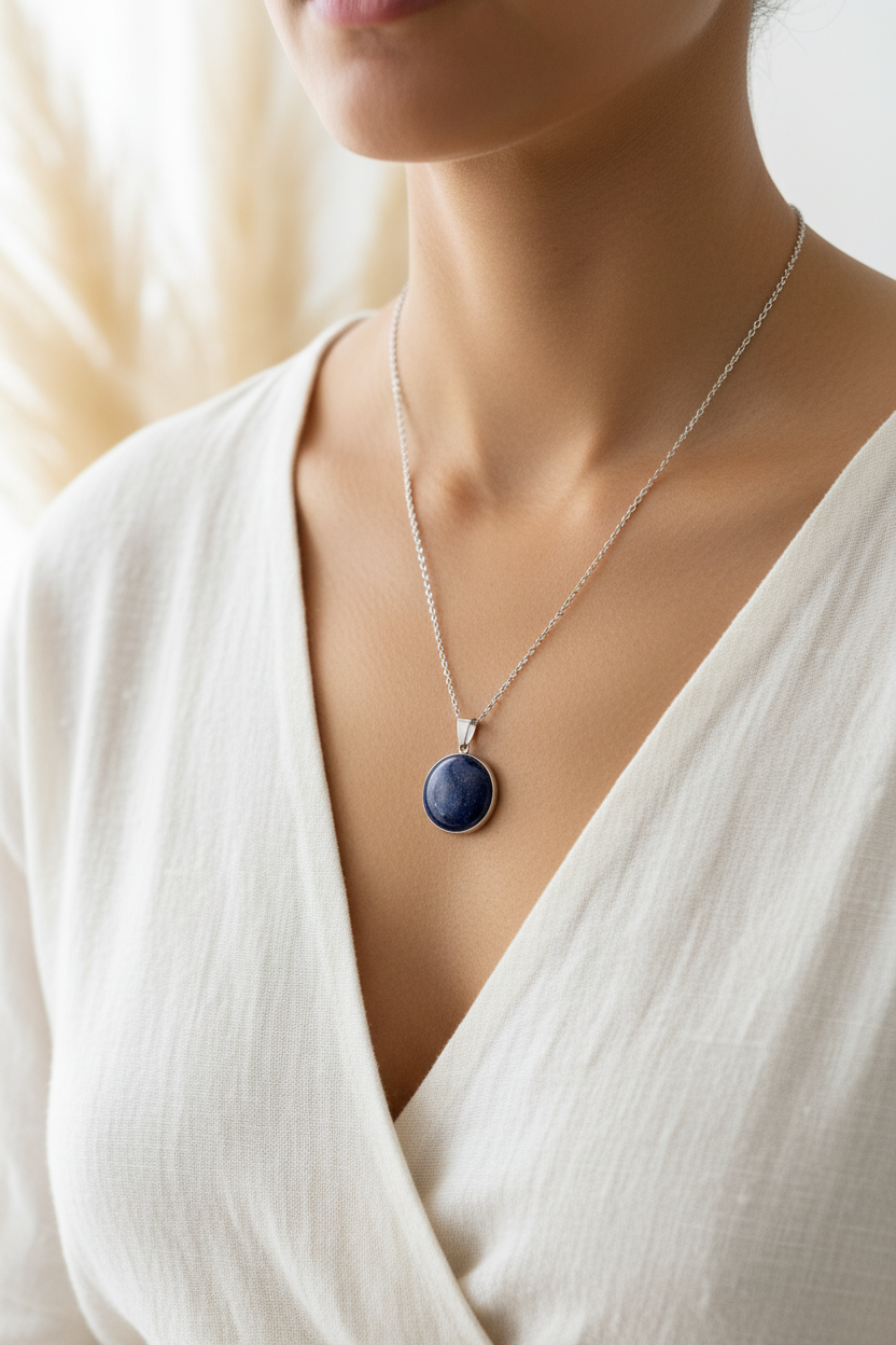 Collier à chaîne fine argentée et pendentif cabochon bleu foncé