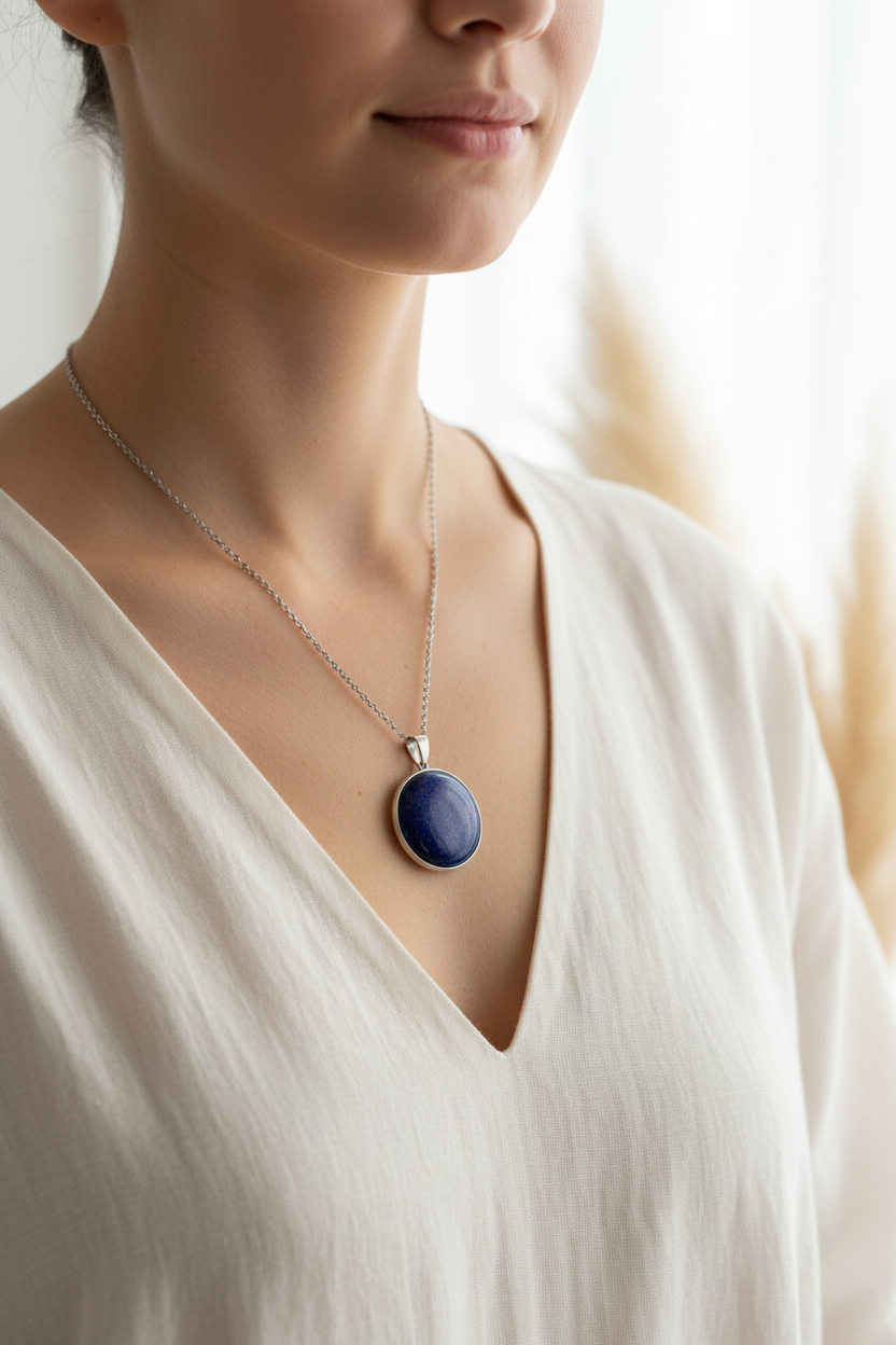 Collier lapis lazuli cabochon rond bleu sur chaîne inox, monture argentée, porté.