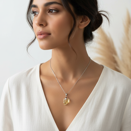 Collier argenté en acier 316L avec pierre brute jaune et pendentif en forme de goutte