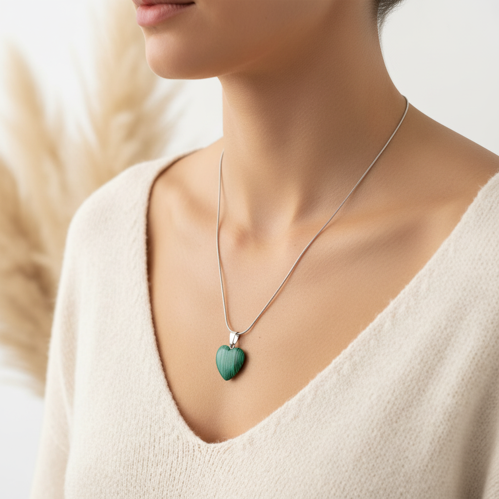 Collier cœur en pierre verte, pendentif malachite sur chaîne argentée