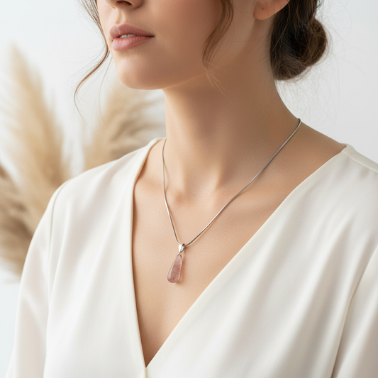 Collier quartz rose goutte sur chaîne serpent argentée, porté au cou