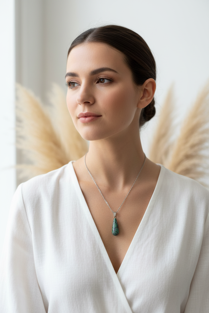 Collier fin argenté avec pendentif goutte en pierre verte tachetée rouge