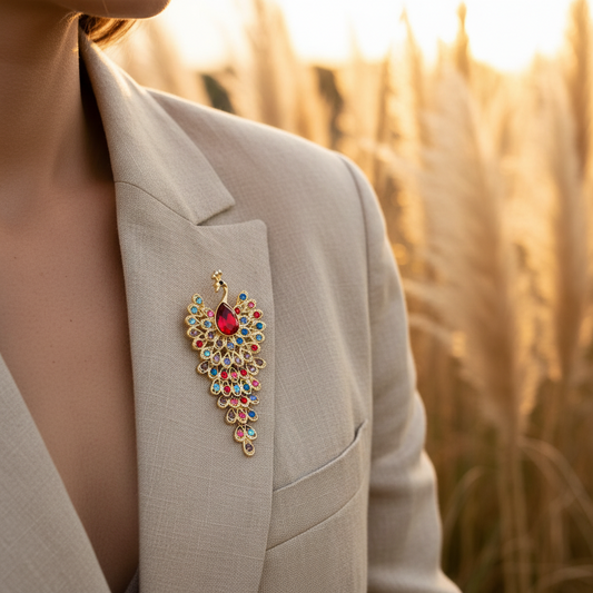 Broche paon dorée multicolore avec pierre rouge, portée sur veste claire