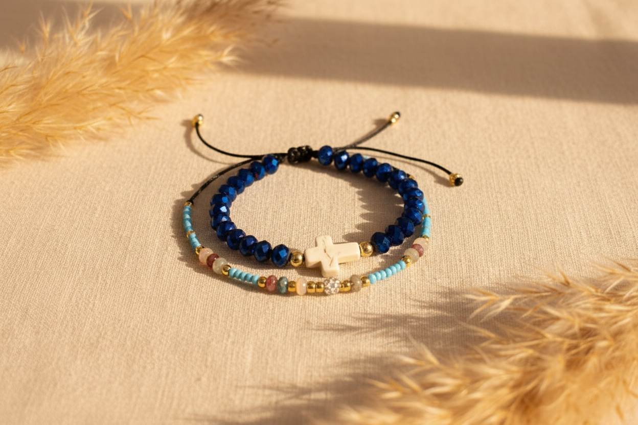 Lot 3 Bracelets Pierre Naturelle Quartz Cristal & Croix Chrétienne | Cordon Réglable + Élastique | Unisexe | Fait Main France livraison gratuite
