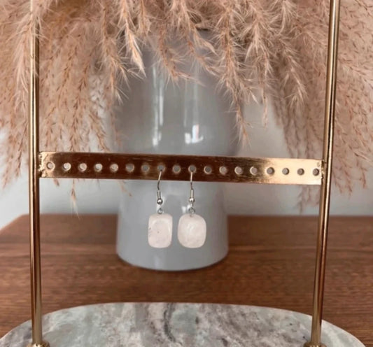 Boucles d'Oreilles Pendantes Cristal de Roche | Pierre Naturelle Lithothérapie | Acier Inoxydable Argenté