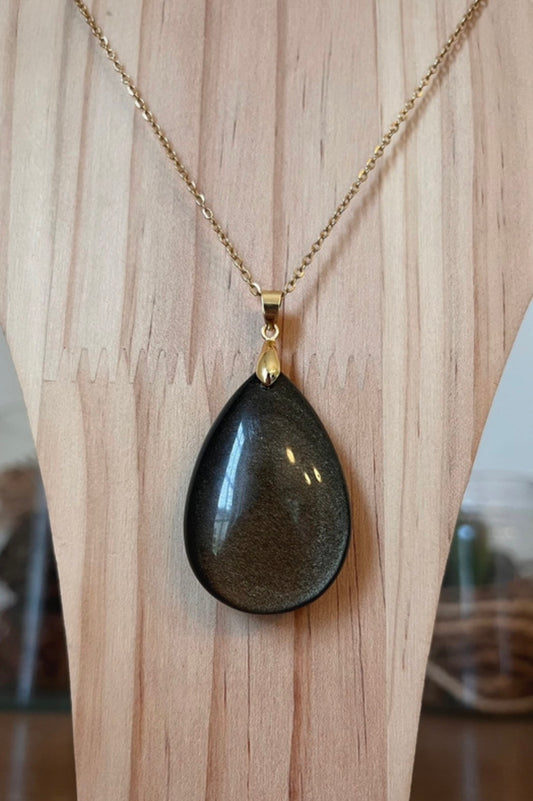 Collier chaîne dorée inoxydable pierre Obsidienne dorée - Pierres Argentées & Perles Dorées