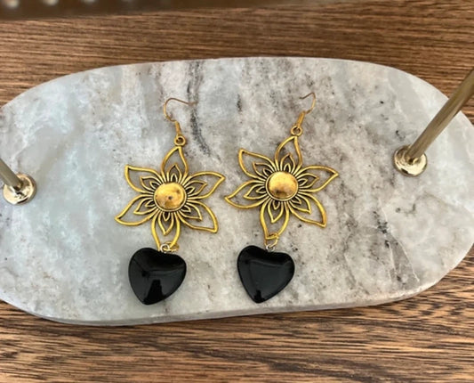Boucles d'Oreilles Pendantes Soleil Doré & Obsidienne Noire Cœur | Pierre Naturelle Protéctrice | Acier Inoxydable