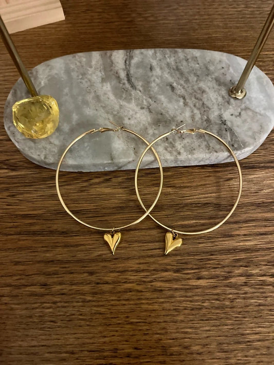 Créoles Cœur Doré Plein | Boucles d'Oreilles Romantiques | Acier Inoxydable 6,5 cm