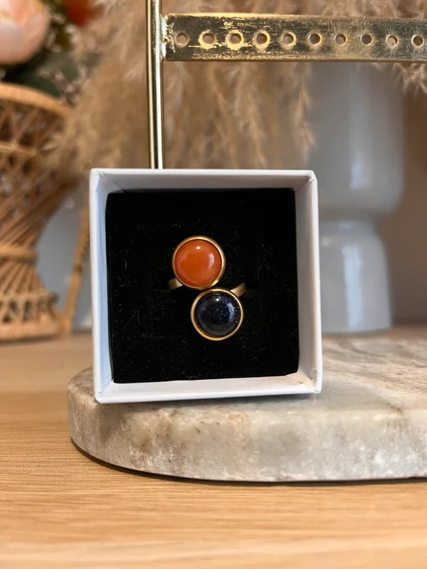 Bague double dorée inoxydable pierre naturelle Quartz orange et Sable ble