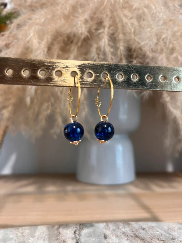 Créoles Dorées Perles Bleues | Acier inoxydable – Style Bohème Chic