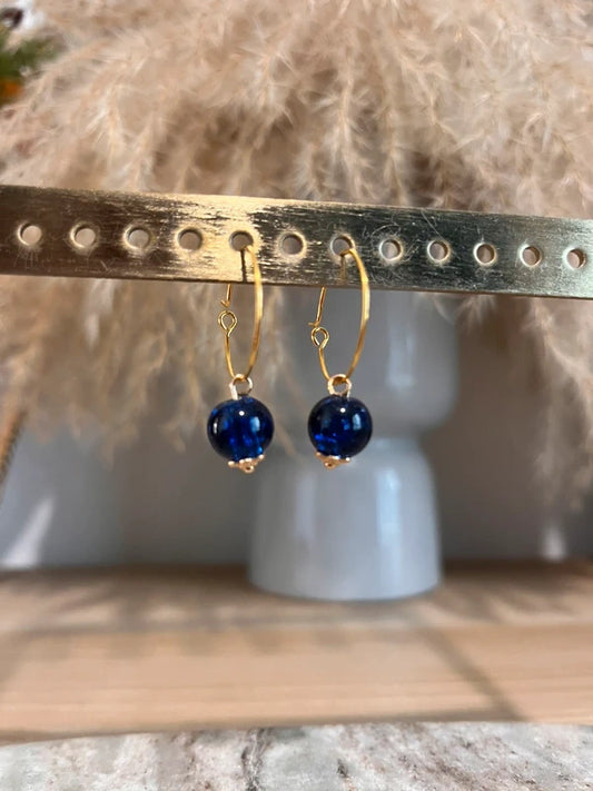Créoles Dorées Perles Bleues | Acier inoxydable – Style Bohème Chic