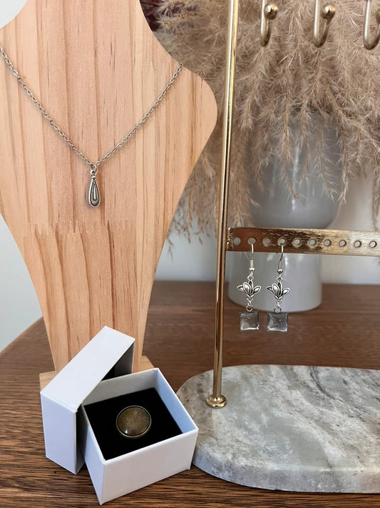Parure Bijoux Vintage Minimaliste 3 Pièces | Collier + Bague + Boucles d'Oreilles | Acier Inoxydable