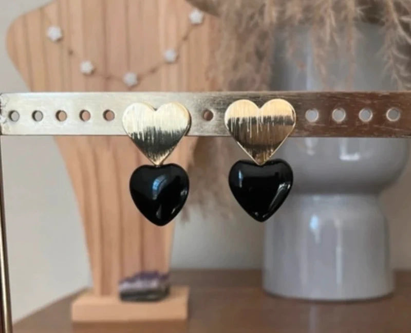 Clous d'Oreilles Cœur Doré Obsidienne Noire | Pierre Naturelle Protectrice | Acier Inoxydable