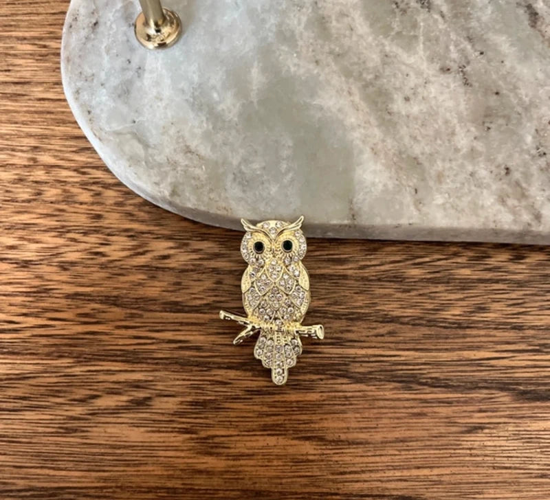 Broche Hibou Chouette Dorée & Argentée | Bijou Fantaisie Nature Vintage | 4,5 cm
