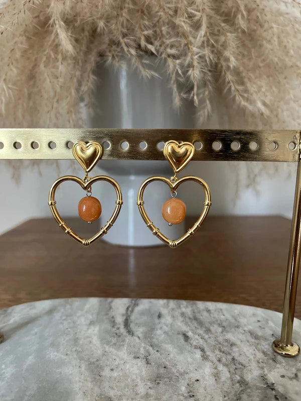 Boucles d'oreilles coeur doré inoxydable pierre naturelle Quartz orange