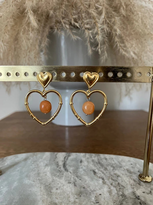 Boucles d'oreilles coeur doré inoxydable pierre naturelle Quartz orange