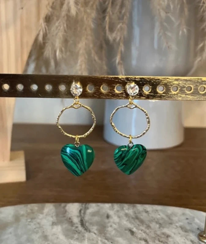 Boucles d'oreilles Malachite | Anneaux dorés bohèmes – Pierre naturelle