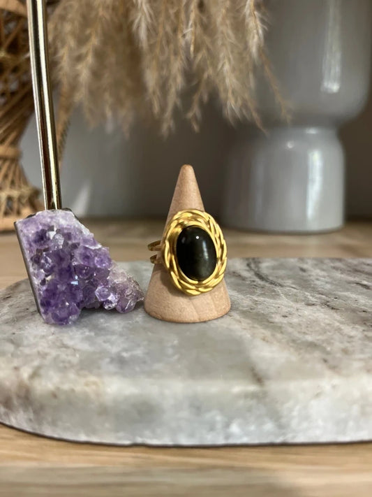 Bague Obsidienne Dorée | Monture dorée vintage ajustable – Pierre naturelle protectrice